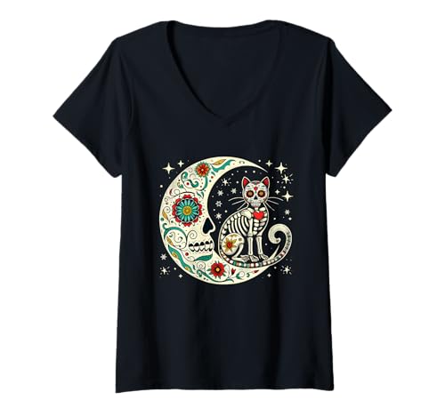 Damen Dia De Los Muertos Halloween Mond Floral Skelett Katze T-Shirt mit V-Ausschnitt von Cat Halloween Costume