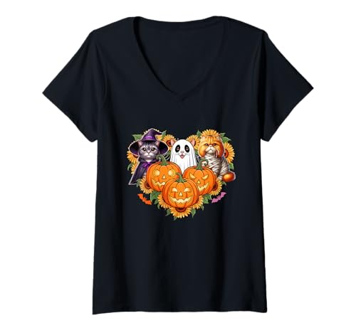 Damen Drei Halloween Katzen Cosplay Hexe Boo Mummy T-Shirt mit V-Ausschnitt Damen Drei Halloween Katzen Cosplay Hexe Boo Mummy T-Shirt mit V-Ausschnitt von Cat Halloween Costume