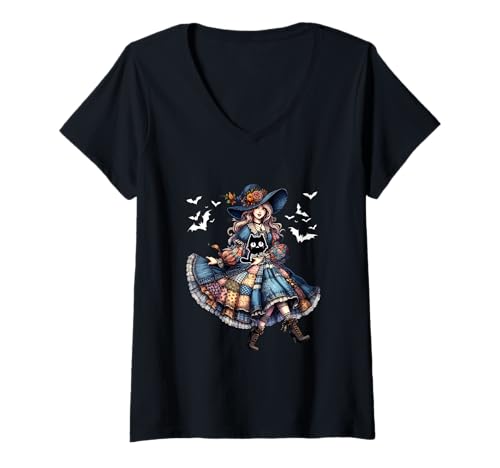 Damen Floral Witch Hugging Cat Cosplay Skelett Halloween T-Shirt mit V-Ausschnitt Damen Floral Witch Hugging Cat Cosplay Skelett Halloween T-Shirt mit V-Ausschnitt von Cat Halloween Costume