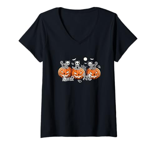 Damen Gruppe Skelett Katzen auf geschnitzten Kürbissen Halloween Farmer T-Shirt mit V-Ausschnitt von Cat Halloween Costume