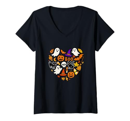 Damen Gruppenkatzen Boo Geister Süßigkeiten Hühneraugen Halloween Herzform T-Shirt mit V-Ausschnitt Damen Gruppenkatzen Boo Geister Süßigkeiten Hühneraugen Halloween Herzform T-Shirt mit V-Ausschnitt von Cat Halloween Costume