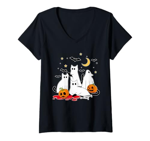 Damen Gruppenkatzen Cosplay Boo Geister Halloween Geschnitzte Kürbisse T-Shirt mit V-Ausschnitt Damen Gruppenkatzen Cosplay Boo Geister Halloween Geschnitzte Kürbisse T-Shirt mit V-Ausschnitt von Cat Halloween Costume