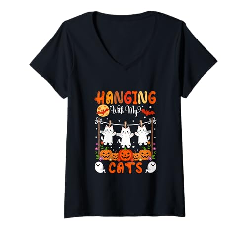 Damen Hanging with My Cats As Boo Geschnitzte Kürbisse Halloween T-Shirt mit V-Ausschnitt von Cat Halloween Costume