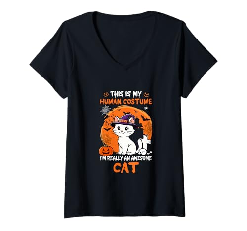 Damen Human Costume Proud Awesome Cat Halloween Cat Owner Lover T-Shirt mit V-Ausschnitt Damen Human Costume Proud Awesome Cat Halloween Cat Owner Lover T-Shirt mit V-Ausschnitt von Cat Halloween Costume