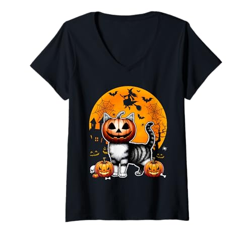 Damen Katze Cosplay Geschnitzte Kürbisse Horror Kopf Halloween Besitzer T-Shirt mit V-Ausschnitt Damen Katze Cosplay Geschnitzte Kürbisse Horror Kopf Halloween Besitzer T-Shirt mit V-Ausschnitt von Cat Halloween Costume