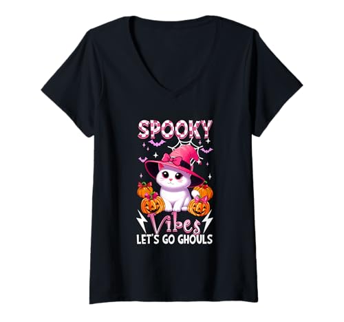 Damen Spooky Funny Vibes Halloween Ghouls Cute Cat As Witch T-Shirt mit V-Ausschnitt von Cat Halloween Costume