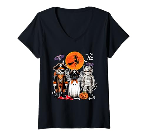 Damen Three Cute Cats Cosplay Pirate Boo Mummy Halloween T-Shirt mit V-Ausschnitt von Cat Halloween Costume