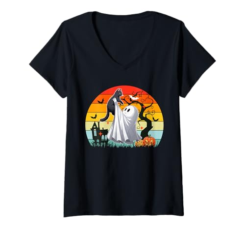 Damen Vintage Retro Boo Ghost Hunging Cat Halloween Family T-Shirt mit V-Ausschnitt von Cat Halloween Costume