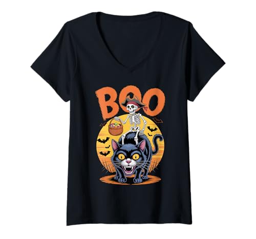 Damen Gruseliges Katzenkostüm auf Boo Cat Halloween T-Shirt mit V-Ausschnitt von Cat Halloween kids, women, men