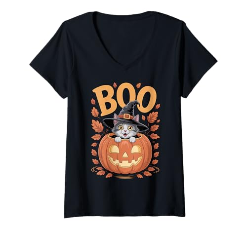 Damen Katzenkostüm auf Kürbis Halloween Katze T-Shirt mit V-Ausschnitt von Cat Halloween kids, women, men