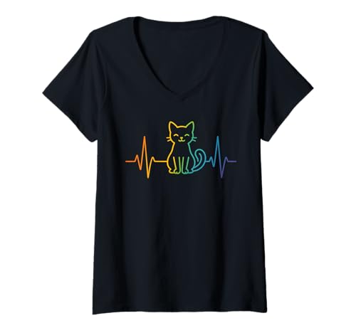 Damen Cute Colorful Cat Heartbeat EKG T-Shirt mit V-Ausschnitt von Cat Heartbeat EKG Graphic Cute Cat Lovers Apparel