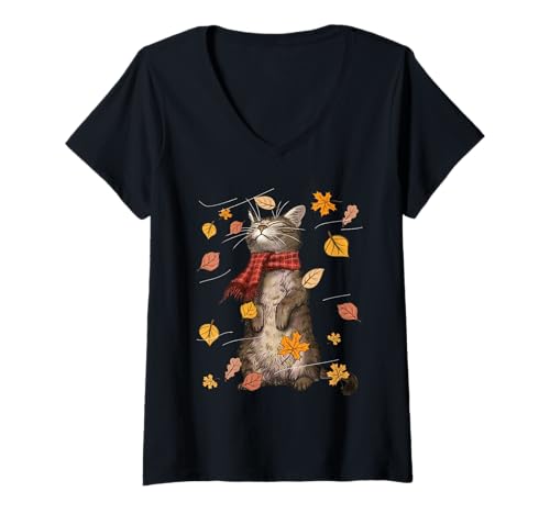 Damen Niedliche Herbstkatze Herbstbrise Kätzchen Kitty Katzenliebhaber T-Shirt mit V-Ausschnitt Damen Niedliche Herbstkatze Herbstbrise Kätzchen Kitty Katzenliebhaber T-Shirt mit V-Ausschnitt von Cat Hello Fall Season Falling Leaves
