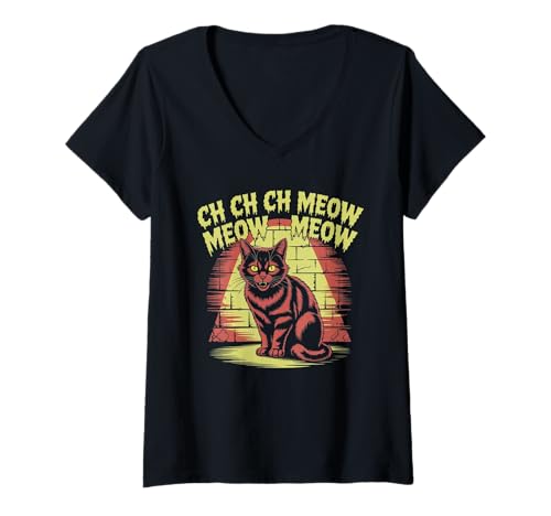 Damen Ch Ch Meow Meow Meow Katzenfilm Horror Halloween T-Shirt mit V-Ausschnitt Damen Ch Ch Meow Meow Meow Katzenfilm Horror Halloween T-Shirt mit V-Ausschnitt von Cat Horror Halloween