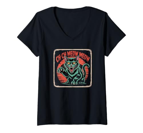 Damen Ch Ch Meow Meow Meow Katzenfilm Horror Halloween T-Shirt mit V-Ausschnitt Damen Ch Ch Meow Meow Meow Katzenfilm Horror Halloween T-Shirt mit V-Ausschnitt von Cat Horror Halloween