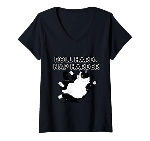 Damen Roll Hard Nap Harder Cat Humorvoller Spruch T-Shirt mit V-Ausschnitt Damen Roll Hard Nap Harder Cat Humorvoller Spruch T-Shirt mit V-Ausschnitt von Cat Humor Relaxation Nap Enthusiasts