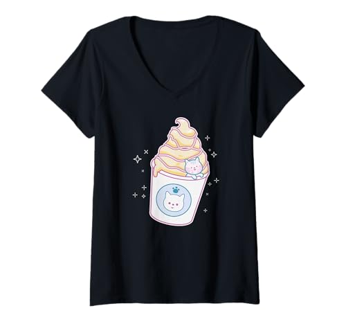 Damen Katzeneis - Lustige Katze T-Shirt mit V-Ausschnitt von Cat Ice Cream