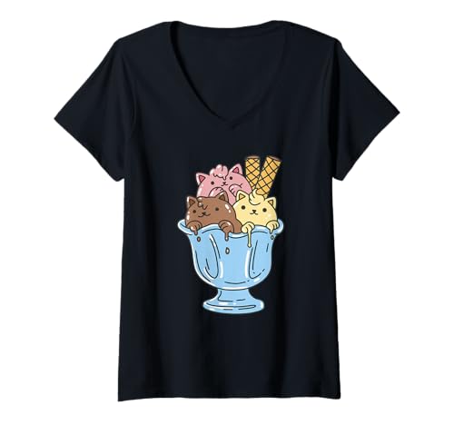 Damen Katzeneis - Lustige Katze T-Shirt mit V-Ausschnitt von Cat Ice Cream