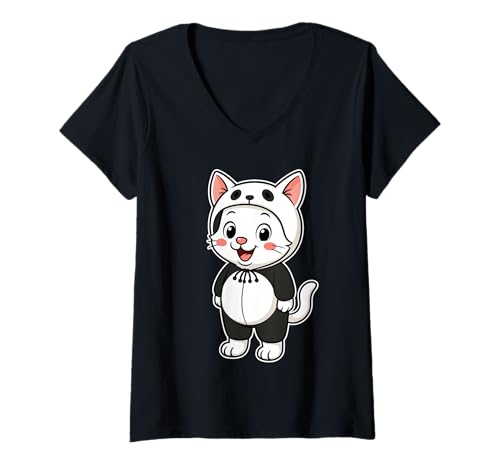 Damen Kawaii-Katze im Panda-Kostüm für Mädchen, Kinder, Katzenliebhaber T-Shirt mit V-Ausschnitt Damen Kawaii-Katze im Panda-Kostüm für Mädchen, Kinder, Katzenliebhaber T-Shirt mit V-Ausschnitt von Cat In Panda Costume Kawaii Design