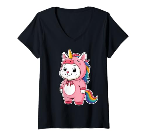 Damen Kawaii-Katze im Einhorn-Kostüm für Mädchen, Kinder, Einhorn-Liebhaber T-Shirt mit V-Ausschnitt Damen Kawaii-Katze im Einhorn-Kostüm für Mädchen, Kinder, Einhorn-Liebhaber T-Shirt mit V-Ausschnitt von Cat In Unicorn Costume Kawaii Design