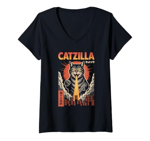 Damen Lustige Catzilla Japanische Katze Männer Frauen Katze Grafik T-Shirt mit V-Ausschnitt Damen Lustige Catzilla Japanische Katze Männer Frauen Katze Grafik T-Shirt mit V-Ausschnitt von Cat Japanese Graphic Designs Catzilla Tees