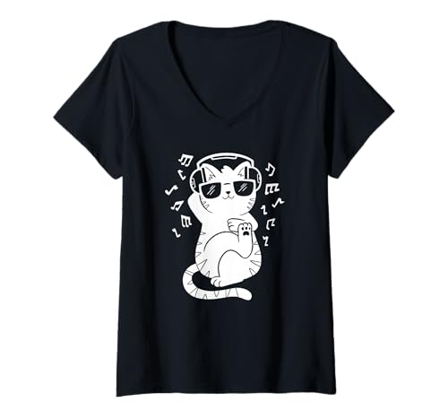 Damen Katze hört Musik - Lustige Katze T-Shirt mit V-Ausschnitt Damen Katze hört Musik - Lustige Katze T-Shirt mit V-Ausschnitt von Cat Listening To Music