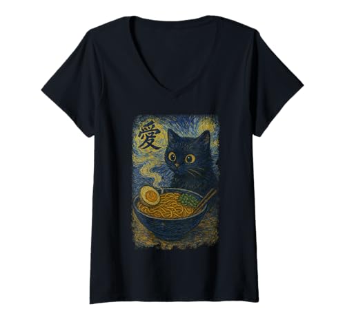 Damen Funny Cat Ramen Graphic Japanese Kawaii Manga Anime T-Shirt mit V-Ausschnitt Damen Funny Cat Ramen Graphic Japanese Kawaii Manga Anime T-Shirt mit V-Ausschnitt von Cat Love Ramen Cat Owner Van Gogh Starry Night