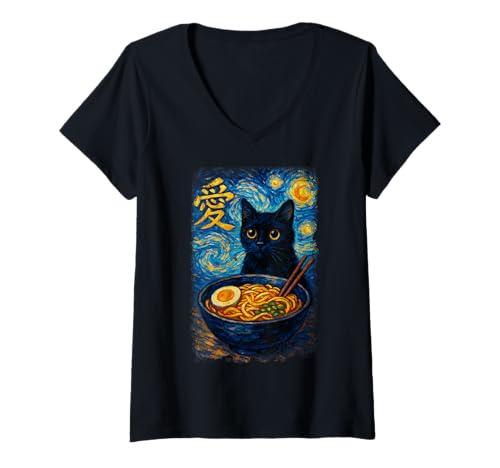 Damen Funny Cat Ramen Graphic Japanese Kawaii Manga Anime T-Shirt mit V-Ausschnitt Damen Funny Cat Ramen Graphic Japanese Kawaii Manga Anime T-Shirt mit V-Ausschnitt von Cat Love Ramen Cat Owner Van Gogh Starry Night