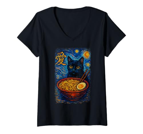 Damen Funny Cat Ramen Graphic Japanese Kawaii Manga Anime T-Shirt mit V-Ausschnitt Damen Funny Cat Ramen Graphic Japanese Kawaii Manga Anime T-Shirt mit V-Ausschnitt von Cat Love Ramen Cat Owner Van Gogh Starry Night