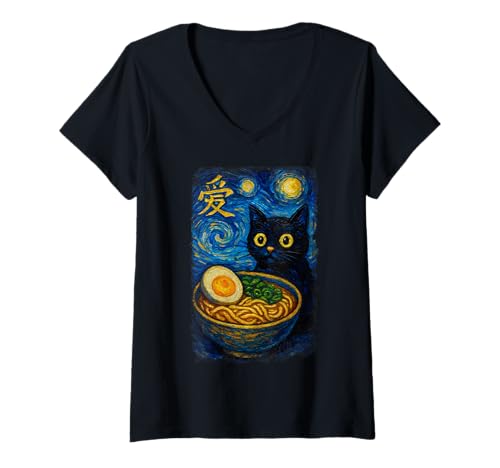Damen Funny Cat Ramen Graphic Japanese Kawaii Manga Anime T-Shirt mit V-Ausschnitt Damen Funny Cat Ramen Graphic Japanese Kawaii Manga Anime T-Shirt mit V-Ausschnitt von Cat Love Ramen Cat Owner Van Gogh Starry Night
