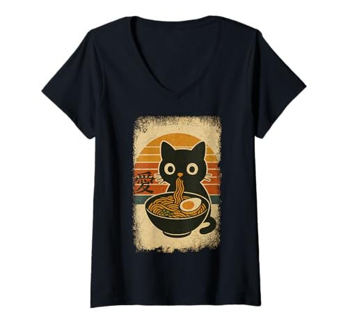 Damen Funny Cat Ramen Graphic Japanese Kawaii Manga Anime T-Shirt mit V-Ausschnitt Damen Funny Cat Ramen Graphic Japanese Kawaii Manga Anime T-Shirt mit V-Ausschnitt von Cat Love Ramen Japanese Cat Owner