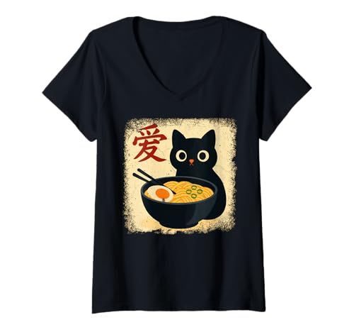 Damen Funny Cat Ramen Graphic Japanese Kawaii Manga Anime T-Shirt mit V-Ausschnitt von Cat Love Ramen Japanese Cat Owner