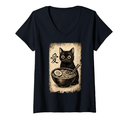 Damen Funny Cat Ramen Graphic Japanese Kawaii Manga Anime T-Shirt mit V-Ausschnitt Damen Funny Cat Ramen Graphic Japanese Kawaii Manga Anime T-Shirt mit V-Ausschnitt von Cat Love Ramen Japanese Cat Owner