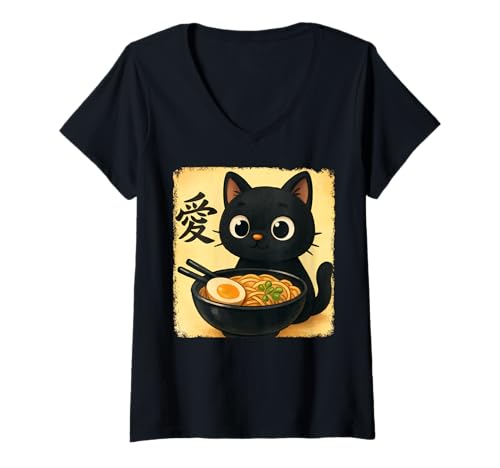 Damen Funny Cat Ramen Graphic Japanese Kawaii Manga Anime T-Shirt mit V-Ausschnitt Damen Funny Cat Ramen Graphic Japanese Kawaii Manga Anime T-Shirt mit V-Ausschnitt von Cat Love Ramen Japanese Cat Owner
