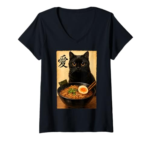 Damen Funny Cat Ramen Graphic Japanese Kawaii Manga Anime T-Shirt mit V-Ausschnitt Damen Funny Cat Ramen Graphic Japanese Kawaii Manga Anime T-Shirt mit V-Ausschnitt von Cat Love Ramen Japanese Cat Owner