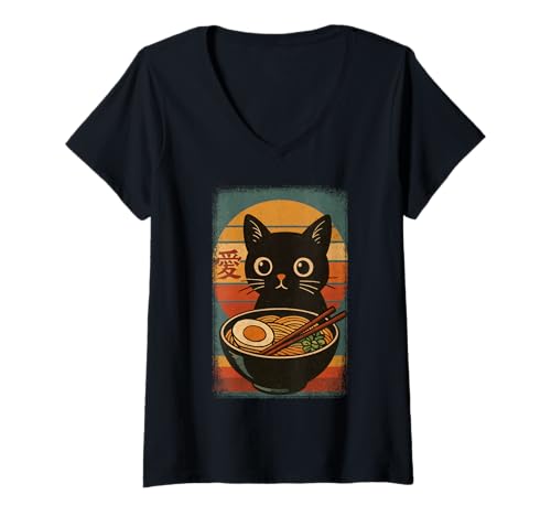 Damen Funny Cat Ramen Graphic Japanese Kawaii Manga Anime T-Shirt mit V-Ausschnitt von Cat Love Ramen Japanese Cat Owner