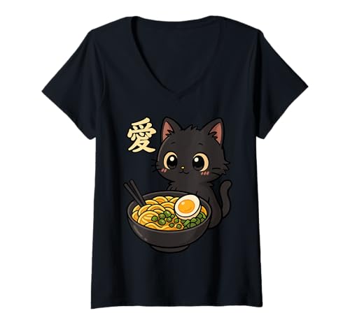 Damen Funny Cat Ramen Graphic Japanese Kawaii Manga Anime T-Shirt mit V-Ausschnitt Damen Funny Cat Ramen Graphic Japanese Kawaii Manga Anime T-Shirt mit V-Ausschnitt von Cat Love Ramen Japanese Cat Owner