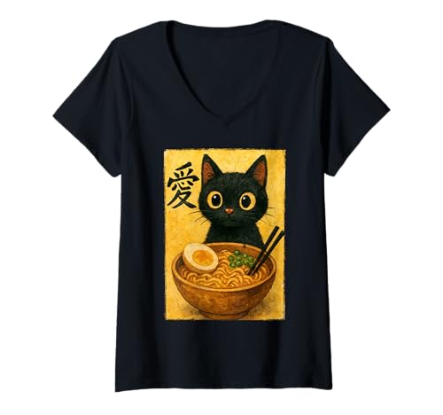 Damen Funny Cat Ramen Graphic Japanese Kawaii Manga Anime T-Shirt mit V-Ausschnitt Damen Funny Cat Ramen Graphic Japanese Kawaii Manga Anime T-Shirt mit V-Ausschnitt von Cat Love Ramen Japanese Cat Owner