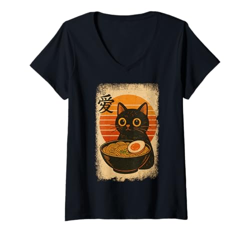 Damen Funny Cat Ramen Graphic Japanese Kawaii Manga Anime T-Shirt mit V-Ausschnitt Damen Funny Cat Ramen Graphic Japanese Kawaii Manga Anime T-Shirt mit V-Ausschnitt von Cat Love Ramen Japanese Cat Owner