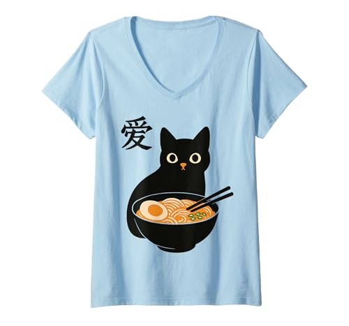 Damen Funny Cat Ramen Graphic Japanese Kawaii Manga Anime T-Shirt mit V-Ausschnitt Damen Funny Cat Ramen Graphic Japanese Kawaii Manga Anime T-Shirt mit V-Ausschnitt von Cat Love Ramen Japanese Cat Owner