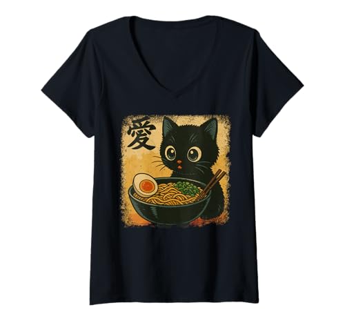 Damen Funny Cat Ramen Graphic Japanese Kawaii Manga Anime T-Shirt mit V-Ausschnitt Damen Funny Cat Ramen Graphic Japanese Kawaii Manga Anime T-Shirt mit V-Ausschnitt von Cat Love Ramen Japanese Cat Owner