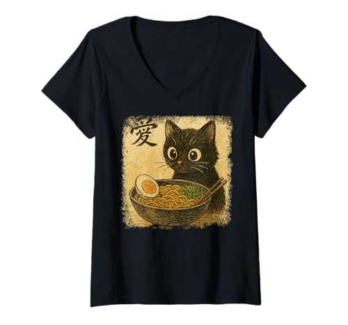 Damen Funny Cat Ramen Graphic Japanese Kawaii Manga Anime T-Shirt mit V-Ausschnitt Damen Funny Cat Ramen Graphic Japanese Kawaii Manga Anime T-Shirt mit V-Ausschnitt von Cat Love Ramen Japanese Cat Owner