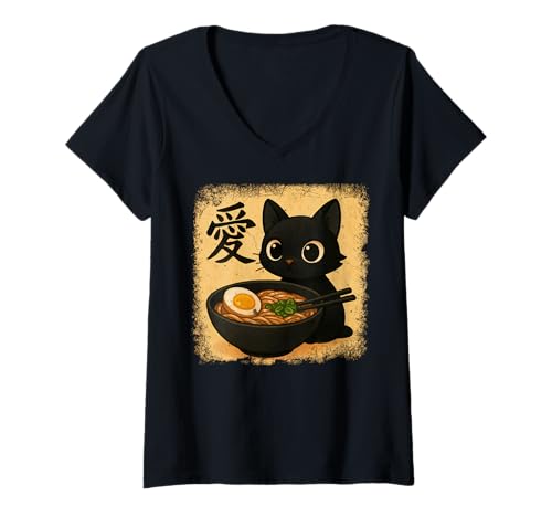 Damen Funny Cat Ramen Graphic Japanese Kawaii Manga Anime T-Shirt mit V-Ausschnitt Damen Funny Cat Ramen Graphic Japanese Kawaii Manga Anime T-Shirt mit V-Ausschnitt von Cat Love Ramen Japanese Cat Owner