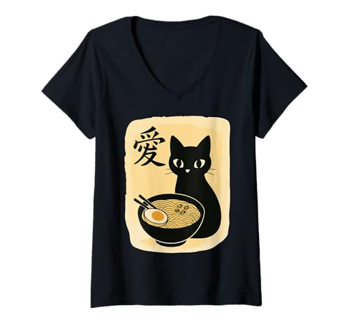 Damen Funny Cat Ramen Graphic Japanese Kawaii Manga Anime T-Shirt mit V-Ausschnitt Damen Funny Cat Ramen Graphic Japanese Kawaii Manga Anime T-Shirt mit V-Ausschnitt von Cat Love Ramen Japanese Cat Owner