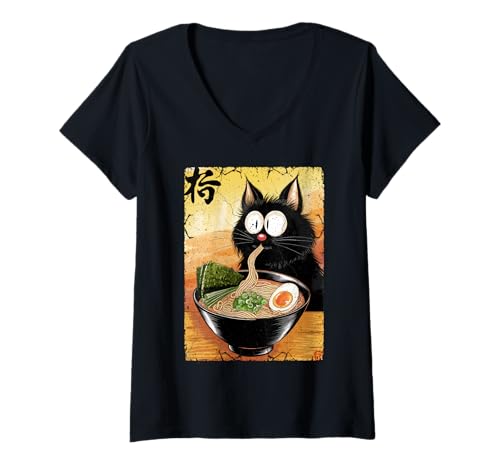 Damen Funny Cat Ramen Graphic Japanese Kawaii Manga Anime T-Shirt mit V-Ausschnitt Damen Funny Cat Ramen Graphic Japanese Kawaii Manga Anime T-Shirt mit V-Ausschnitt von Cat Love Ramen Japanese Cat Owner