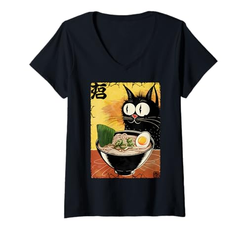 Damen Funny Cat Ramen Graphic Japanese Kawaii Manga Anime T-Shirt mit V-Ausschnitt Damen Funny Cat Ramen Graphic Japanese Kawaii Manga Anime T-Shirt mit V-Ausschnitt von Cat Love Ramen Japanese Cat Owner