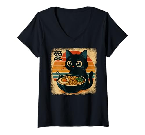 Damen Funny Cat Ramen Graphic Japanese Kawaii Manga Anime T-Shirt mit V-Ausschnitt Damen Funny Cat Ramen Graphic Japanese Kawaii Manga Anime T-Shirt mit V-Ausschnitt von Cat Love Ramen Japanese Cat Owner