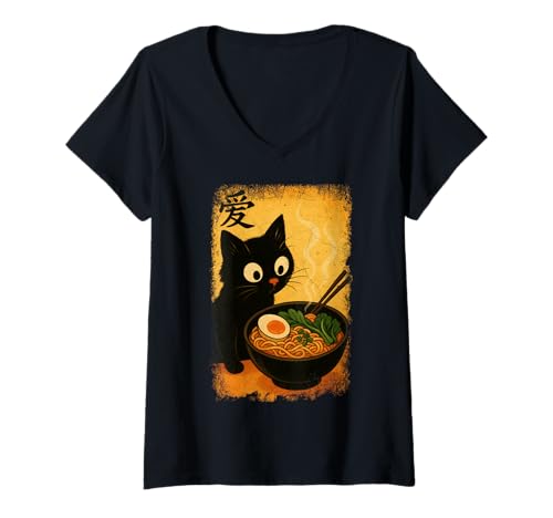 Damen Funny Cat Ramen Graphic Japanese Kawaii Manga Anime T-Shirt mit V-Ausschnitt Damen Funny Cat Ramen Graphic Japanese Kawaii Manga Anime T-Shirt mit V-Ausschnitt von Cat Love Ramen Japanese Cat Owner