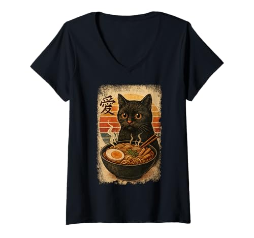 Damen Funny Cat Ramen Graphic Japanese Kawaii Manga Anime T-Shirt mit V-Ausschnitt Damen Funny Cat Ramen Graphic Japanese Kawaii Manga Anime T-Shirt mit V-Ausschnitt von Cat Love Ramen Japanese Cat Owner