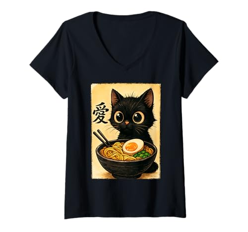 Damen Funny Cat Ramen Graphic Japanese Kawaii Manga Anime T-Shirt mit V-Ausschnitt Damen Funny Cat Ramen Graphic Japanese Kawaii Manga Anime T-Shirt mit V-Ausschnitt von Cat Love Ramen Japanese Cat Owner