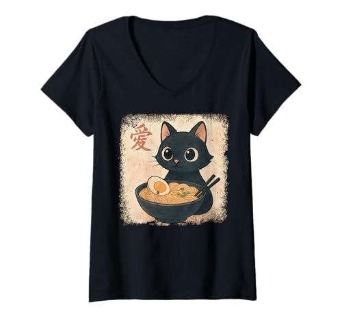 Damen Funny Cat Ramen Graphic Japanese Kawaii Manga Anime T-Shirt mit V-Ausschnitt Damen Funny Cat Ramen Graphic Japanese Kawaii Manga Anime T-Shirt mit V-Ausschnitt von Cat Love Ramen Japanese Cat Owner